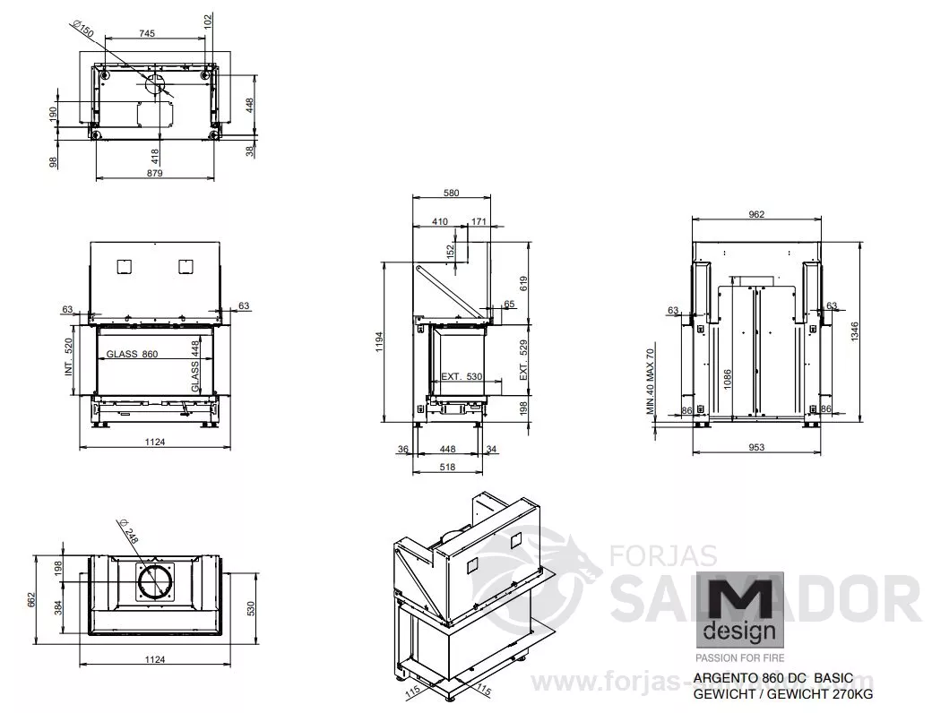 Plano de medidas Argento 860 DC (Frontal y dos laterales)