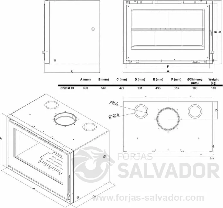 Plano de medidas Chama Estufa Cristal 69 Fundición 