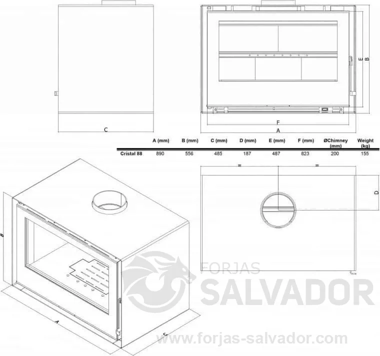 Plano de medidas Chama Estufa Cristal 88 Fundición 