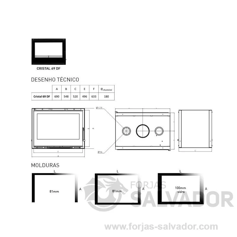Plano de medidas Chama Estufa Cristal 98 Doble Cara