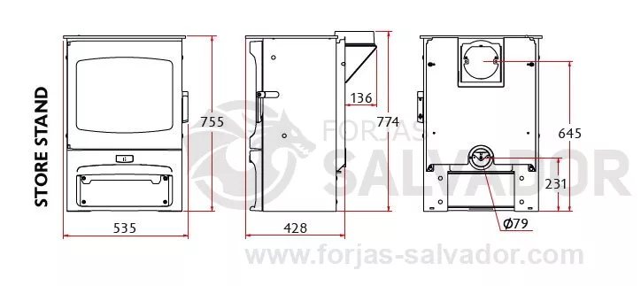 Plano de medidas Charnwood Aire 07 con leñero