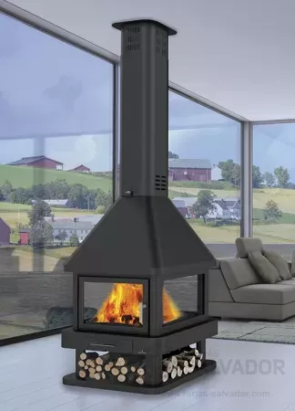 Chimenea central a cuatro caras en cristal vitrocerámico y dos puertas
