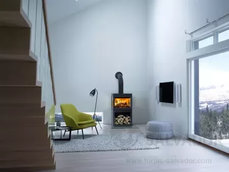 Estufa Jøtul F 520 instalada en un espacio moderno, combinando eficiencia y diseño.