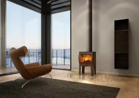 Estufa de leña Jøtul F 305 LL en un ambiente moderno, mostrando su elegante diseño horizontal.