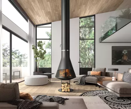 Instalación de la chimenea metálica Hergom Silba en un salón elegante con decoración contemporánea.