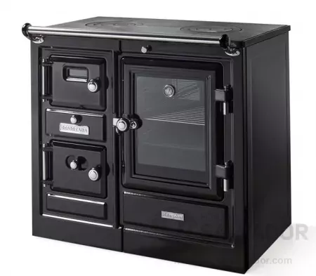 Cocina de leña Hergom Saja 7/90 SE con encimera de hierro fundido y horno de acero inoxidable.