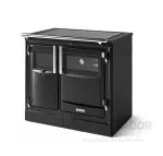 Cocina calefactora Hergom Pas 90 CC SE en funcionamiento, mostrando su elegante diseño de hierro fundido esmaltado.