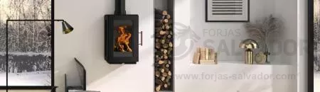 Estufa Hergom Glow Suspendida en funcionamiento, mostrando su sistema de doble combustión.