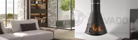 Chimenea metálica Hergom Silba instalada en un salón moderno con diseño minimalista.