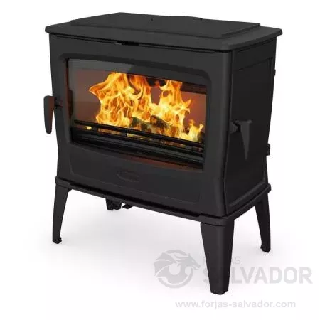 Imagen de la estufa Dovre Tai 55WD con leña ardiendo, resaltando la amplitud de su cristal frontal.
