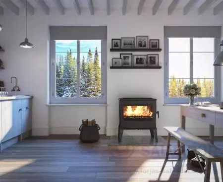La Dovre Tai 55WD como el foco central de un salón moderno con paredes blancas y decoración minimalista.