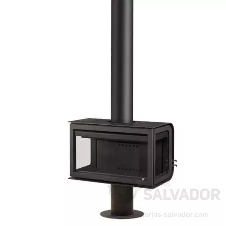 Estufa de leña colgante con forma cilíndrica, perfecta para espacios de diseño y ambientes con estilo vanguardista.
