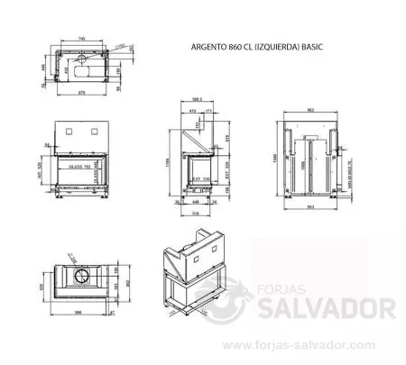 Esquema técnico y medidas del hogar ARGENTO 860 CL/CR esquinero