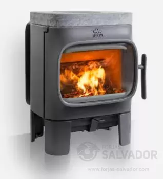 Vista panorámica del fuego a través de la amplia puerta de vidrio de la estufa Jotul F105 LL