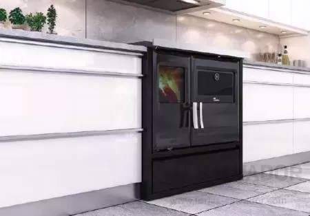 Cocina esmaltada con puertas de fundición y puerta de hogar con cristal de gran tamaño.