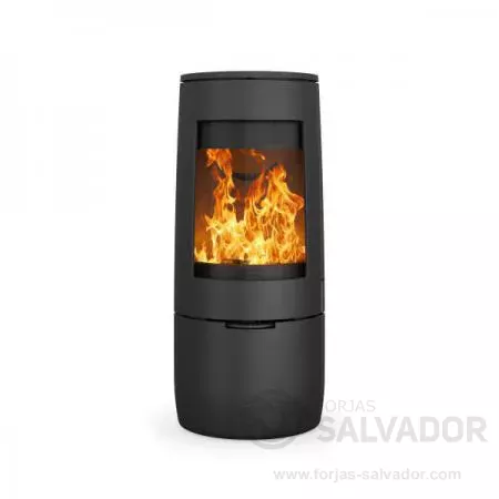 Estufa de leña de diseño sobre box y con cristal curvo.
