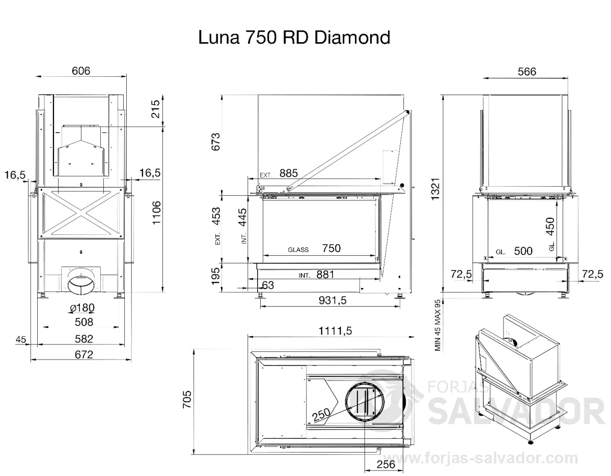 Plano de medidas Luna Diamond  750 RD (Room divider)