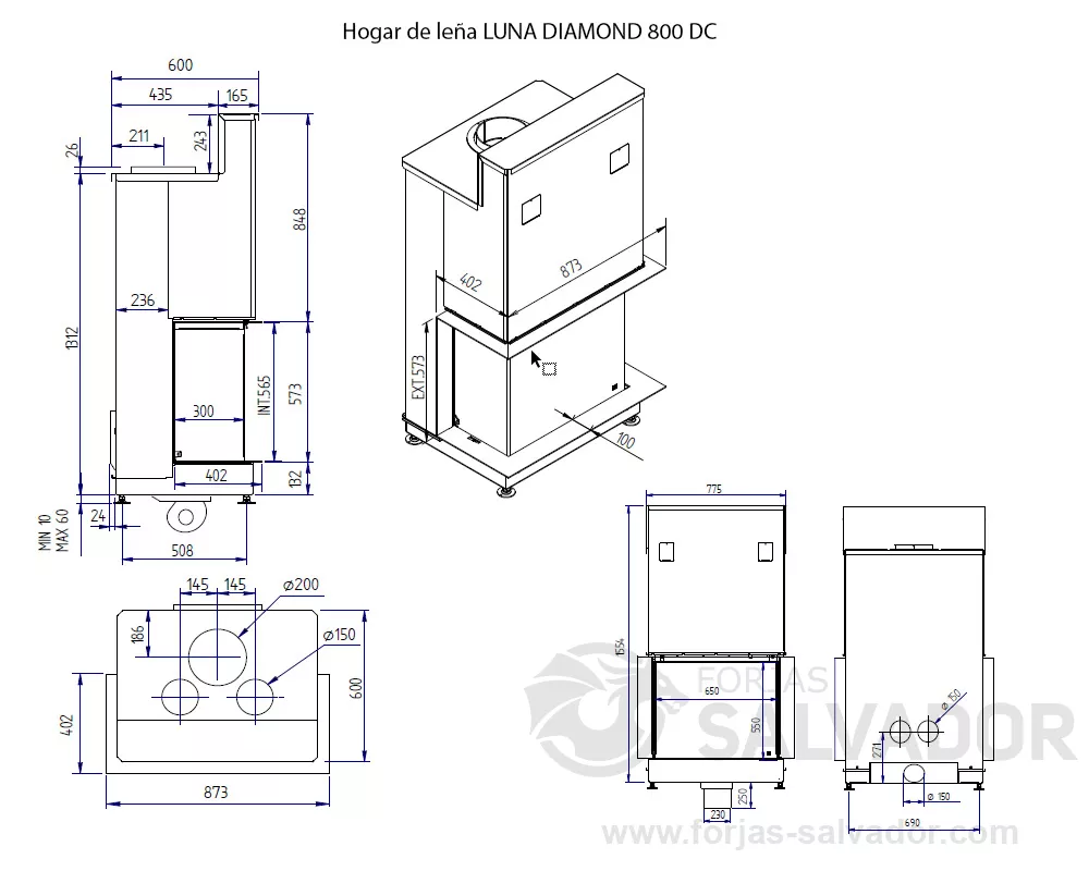 Plano de medidas Luna Diamond  800 DC (Frontal y dos laterales)