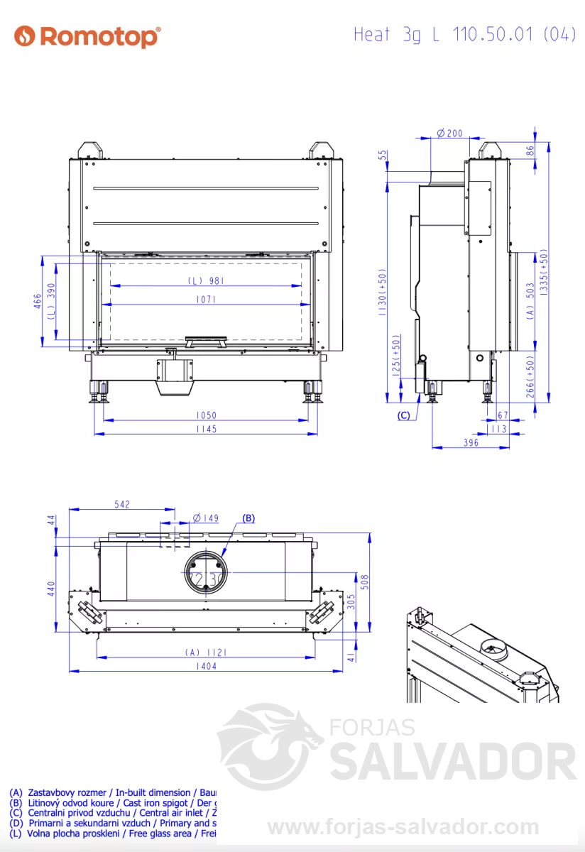 Plano de medidas Romotop Heat 110.50 Frontal interior negro