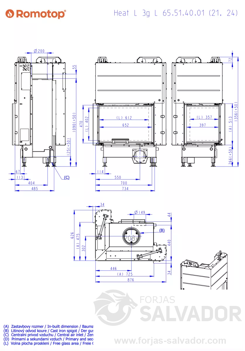 Plano de medidas Romotop Heat 65.51.40 Esquinero interior negro