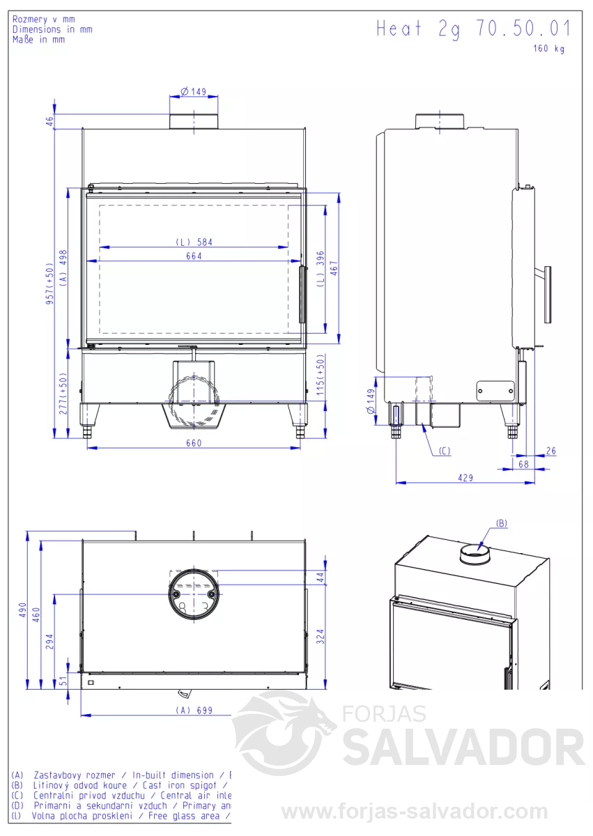 Plano de medidas Romotop Heat 70.50 Frontal interior claro