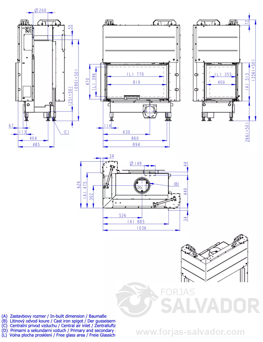 Plano de medidas Romotop Heat 81.51.40 Esquinero interior negro